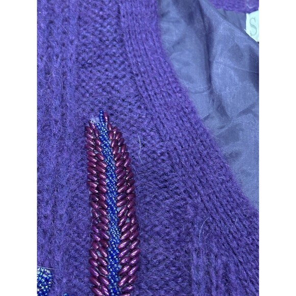 Vintage soft mohair blend Cardigan Sweater Lined Womens L purple beading floral - Picture 9 of 12